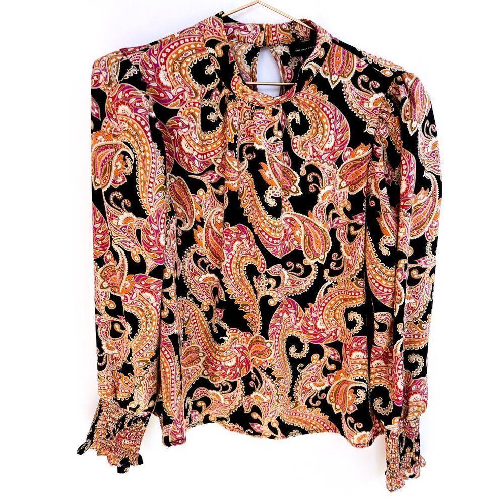 WHO WHAT WEAR Black Orange Paisley Print Puff Sleeve Ruched Detail Shirt Large